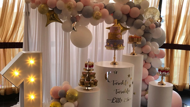 Decorative 1st birthday party setup at The Maison, one of the most versatile wedding halls Bradford for social events.