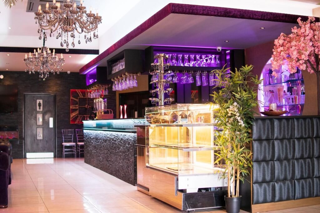 Modern reception area and drink station at our Asian wedding hall Bradford.