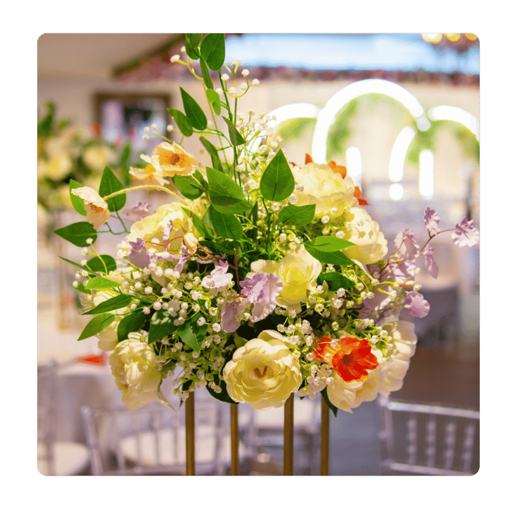 Floral centrepiece in the event hall at The Maison Bradford prepared for Ramadan and Eid celebrations