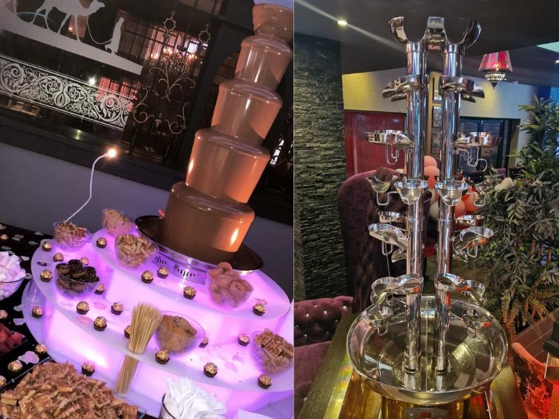 Chocolate fountain and multi-tier dessert display at The Maison Bradford party venue in Bradford.